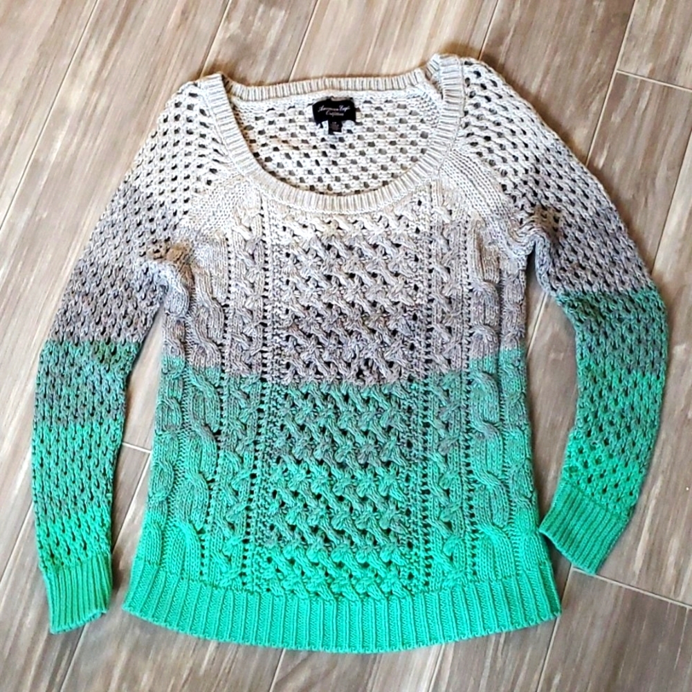 American Eagle Green Gray Ombre Cable Knit Sweater Top | Size S